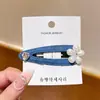Pinza para el Cabello de Camelia Azul Denim con Pedrería y Perlas Estilo Coreano para Mujer, Pinza de Moda para Flequillo Lateral, Pinza Bb, Pasador Elegante