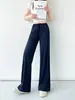 Pantalones de tiburón finos estilo coreano D780 para mujer, pantalones casuales adelgazantes de largo hasta el suelo, pantalones acampanados de pierna ancha para yoga de color azul oscuro
