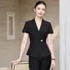 2026 Verão Estilo Fino Elegante Formal Terno Jaqueta Roupa de Trabalho Recepção de Hotel Terno Profissional de Manga Curta para Entrevista para Mulheres