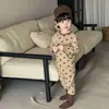 Conjunto de Pijama de Algodão com Lycra para Meninos e Meninas, Estilo Coreano Estampado Sem Costura Roupas e Calças de Outono, Camada Base Antibacteriana para Crianças