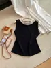 Camisa Feminina Elegante Sem Mangas para o Trabalho 2026 Verão Nova Versátil Emagrecedora Colorblock Drapê Gola Franzida Top