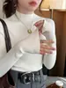 Capa base de lana para mujer, nuevo estilo primavera/otoño 2025, suéter gris de cuello alto medio, top de punto de cuello medio