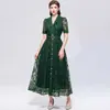 Vestido Largo Elegante de Manga Corta con Lentejuelas y Encaje, Cuello Solapa, Color Verde Oscuro, Estilo de Exportación Europeo y del Sudeste Asiático, para Banquetes
