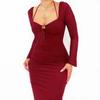 YJ24352 Outono 2024 Nova Saia de Quadril Estilo Europeu e Americano Elegante Decote Manga Longa Cinto Fino Ajuste ao Corpo Vestido Feminino