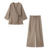 Traje de Moda 2024 Verão Novo Europeu e Americano Transfronteiriço Feminino Kimono de Linho Jaqueta Cruzada + Calça Reta Conjunto