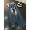 Jeans Masculino Rasgado com Salpicos Estilo High Street Americano Calças Retas Largas de Perna Larga para Primavera e Outono Calças de Corte Diagonal Emagrecedoras Micro Flare