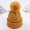 Gorro para Niños de Moda Otoño e Invierno de Punto con Bola de Pelo de Conejo Linda Gorro de Punto con Borde Enrollado Cálido de Color Sólido para Niños Pequeños