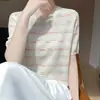 Nueva camiseta de punto de manga corta con cuello redondo de seda helada para primavera y verano, con rayas de bloques de color caladas, top básico estilo coreano para mujer