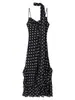 Vestido Za Aliexpress Estilo Europeu e Americano Novo para Mulheres com Alça de Ombro Saia Longa Plissada Decorada com Bolinhas Lenço