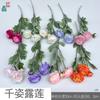 Rosa de té de 3 cabezas en flocado Qianzi Lulian, arreglo escénico, paisaje, flores falsas, boda romántica, arreglo floral de camino, flores de simulación