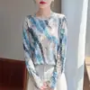 Elegante y estilosa camiseta de malla de manga larga para mujer, nuevo modelo de verano 2026, disimula el vientre y estiliza, con detalles de encaje