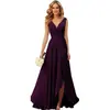 Vestido de Noche Transfronterizo 2026 Estilo Nuevo Cuello en V Plisado Abertura Corbata Largo Gasa Vestido para Fiesta de Navidad Comercio Exterior