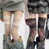 Medias Sexy con Patrón de Encaje Medias Huecas Ultradelgadas Medias Blancas de Malla hasta la Rodilla para Mujer