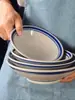 Cuenco Pequeño de Cerámica Rústica Antiguo para Uso Comercial en Restaurantes de Hot Pot, Cuenco Pequeño para Ingredientes, Cuenco para Platos, Cuenco Plano con Borde Azul de Doble Línea, Cuenco de Arroz de Cerámica