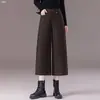 Calças Casuais Cintura Alta Perna Larga Lã Calças Femininas 2026 Novo Estilo Emagrecimento Cropped Perna Reta Calças Escovadas Femininas Outono Inverno Petite