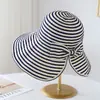 Sombrero de Pescador Plegable a Rayas para Mujer, Moda de Verano Nuevo Estilo, Sombrero de Sol para Cabeza Grande, Sombrero Cubo de Moda con Ala Ancha para Protección Solar