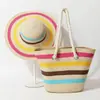 Sombrero de Paja para Vacaciones en la Playa Bolso Set de Dos Piezas para Mujer Verano Colorido Tejido de Papiro Bolso Tote de Gran Capacidad