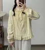 Camisa de Manga Longa com Gola de Renda e Forro de Lã Estilo Artístico Outono e Inverno 2025 Plissada Cor Lisa Versátil Solta para Mulheres