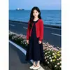 Conjunto para Meninas para Primavera e Outono: Novo Conjunto de Duas Peças: Cardigã Doce e Suave de Manga Longa Estilo Coreano com Vestido Colorido da Moda