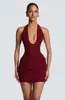 Vestido Mini Bodycon de Cuello Halter Profundo Estilo Ins Europeo Color Sólido Temperamento de Gama Alta Elegante Espalda Descubierta Sexy