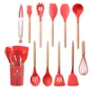 Juego de Utensilios de Cocina de Silicona con Mango de Madera de 11 Piezas Barril de Almacenamiento Utensilios de Cocina de Silicona de Diez Colores Cuchara y Espátula para Cocinar Traje de 11 Piezas