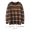 Nuevo Estilo Otoño e Invierno 35% Cachemir Puro Estilo Perezoso Retro Color de Contraste Rayado de Manga Larga Tejido para Mujer