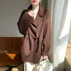 Abrigo de Mujer Doble Faz Estilo Nuevo 2026 con Botones de Cuerno, 100% Lana Pura, Cuello de Solapa, Cinturón de Corbata, Mangas Raglán, Corte Holgado