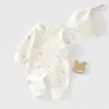 Conjunto de Dos Piezas de Mameluco y Gorro de Mariposa de Algodón Puro para Bebé de Primavera y Otoño 0-3 Meses Gorro Suave para Bebé Recién Nacido con Protección para la Cabeza