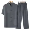 Traje Tang para Hombre de Mediana Edad y Ancianos, Conjunto de Seda Helada de Manga Corta, Atuendo de Verano para Papá, Cuello Mao, Abotonado, Conjunto de Dos Piezas Hanfu para Abuelo