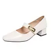Sapatos Mary Jane Quadrados Franceses com Salto Grosso 2026 Primavera Novos Saltos Altos Retro Versátil Temperamento Sapatos de Salto Único Sapatos Femininos de Couro