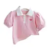 Camiseta de Verano de Manga Corta para Niña, Moda Infantil para Bebé, Marca de Tendencia Estilo Coreano Camisa Polo con Cuello Lapel y Mangas Abullonadas en Forma de Corazón