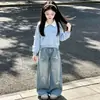Conjunto Duas Peças Doce e Fofo para Meninas Primavera e Outono: Blusa de Manga Longa com Gola Polo e Laço + Calça Jeans com Estrelas