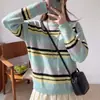 Suéter Tricot Listrado Casual Soltinho para Mulheres, Novo Look de Outono 2026, Suéter Emagrecedor Manga Longa Gola Redonda, Top Fashion