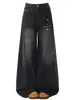 Jeans Bordados Retro Negros Desgastados para Mujer Otoño Nuevo Pierna Ancha Holgados Adelgazantes Pantalones Largos hasta el Suelo Trendy de Instagram