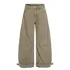 Calças Largas de Cintura Alta Estilo Workwear para Homens, Moda de Rua Retrô, Design de Bainha Curva, Punhos com Amarração, Jeans Desgastado