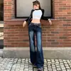 Como 1015 # Jeans acampanados elásticos retro azul grisáceo para mujer, de tiro bajo, corte ajustado, pantalones bootcut favorecedores
