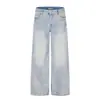 Calça jeans estilo retro americano azul glaciar 11KN para homens e mulheres, estilo rua solto com estampa de raios, calça casual larga lavada e desgastada