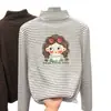 Camiseta de Manga Longa Listrada Derong Média e Grande para Meninas Gola Alta Meia Elástica Quente Camiseta Base com Caimento Ajustado para Outono e Inverno