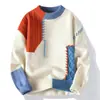 Suéter de tricô grosso e quente com costura em cores contrastantes, outono e inverno 2024, marca de tendência masculina, camisa base AliExpress