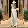 Vestido sin mangas de encaje francés patchwork calado, estilo idéntico al de la bloguera, Vestido largo elegante de lino que ajusta la cintura, Color sólido como en la foto