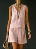 2026 Verano Nuevo Estilo Casual Sin Mangas Lino Algodón Top Chaleco Pantalones Cortos Conjunto de Dos Piezas para Mujer Personalización
