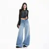 Jeans de pierna ancha para mujer transfronterizos, estilo americano, lavados, con rayas verticales, corte relajado, azul vintage, pantalones largos, azul vintage, extralargos, Yichuntu