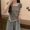 Verão Novo Estilo Petite Irregular Gola Quadrada Manga Curta Camiseta para Mulheres, Emagrecedora Curta Nicho Casual Versátil Top Tendência