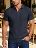 Polo Masculino de Verão Jacquard Texturizado com Meio Zíper e Gola Respirável Solto Casual Americano Manga Curta