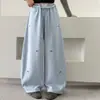 Pantalones de pierna ancha para niñas de primavera y otoño, estilo coreano con bordado de lazo y cuadros patchwork, pants casuales de cintura alta para niños mayores