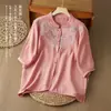 Nueva camisa retro bordada de algodón y lino estilo chino para mujer, nuevo modelo de verano, blusa artística de cinco mangas fina y transpirable