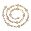 Pulseira de corrente de tênis com trevo de quatro folhas e diamantes completos transfronteiriça, cobre com zircônia cúbica, banho de ouro real, estilo hip-hop europeu e americano, corrente cubana única, em estoque