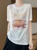 Camiseta de Manga Corta con Estampado de Montaña Estilo Ilustración de Nicho con un Toque Natural Dibujado a Mano para Mujer, Top Holgado de Verano