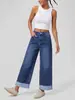 Jeans TK197 Vintage de Pierna Ancha con Dobladillo Enrollado para Mujer, Pantalones Rectos de Tiro Alto Lavado Azul Oscuro