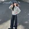Traje de Niña Ropa de Otoño 2026 Nuevo Elegante Moderno Infantil Falso Dos Piezas Top Niña Cuadros Conjunto Largo de Dos Piezas